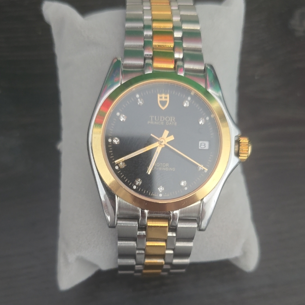 Tudor Prince Date Black Dial Watch with Gold and Silver Bracelet